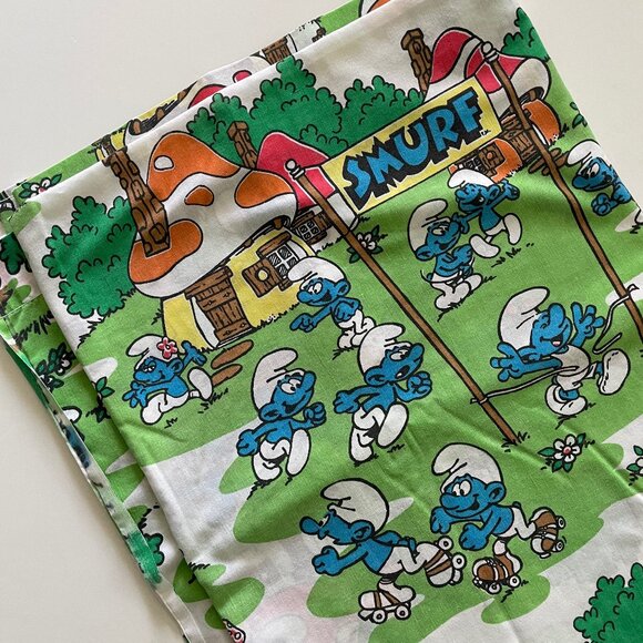 Vintage 1980s Smurf Sheet Set w Fitted Bottom + Flat Top + Pillowcase Peyo Retro - Picture 7 of 14